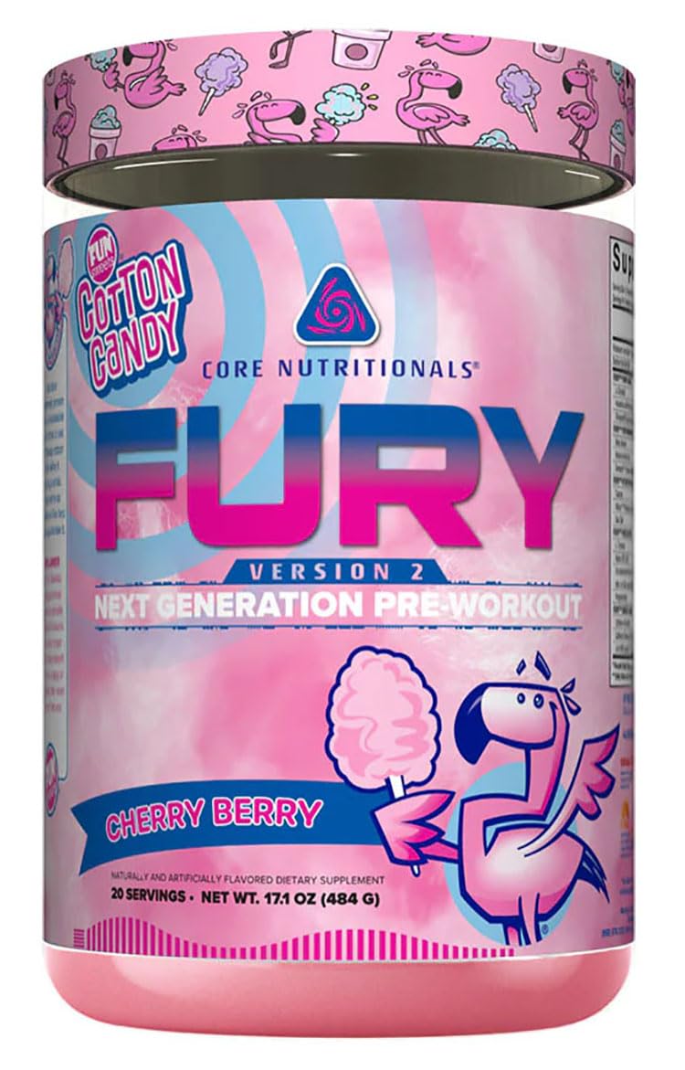 Core Nutritionals Fury V2 tub front highlights Cherry Berry flavor for pre-workout energy