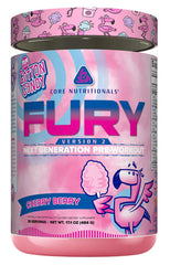Core Nutritionals Fury V2 tub front highlights Cherry Berry flavor for pre-workout energy