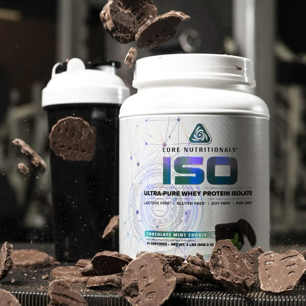 Texture closeup of Core ISO whey protein powder showing smooth, mixable consistency