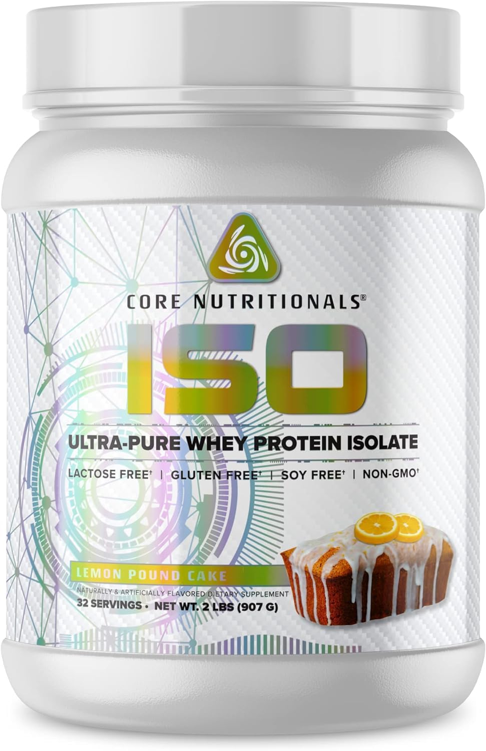 Core Nutritionals Iso Whey Protein tub with label, highlighting purity and 25 g protein per serving
