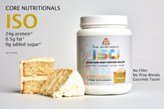 Core Nutritionals Iso Whey vanilla cake flavor close-up highlights natural ingredients.