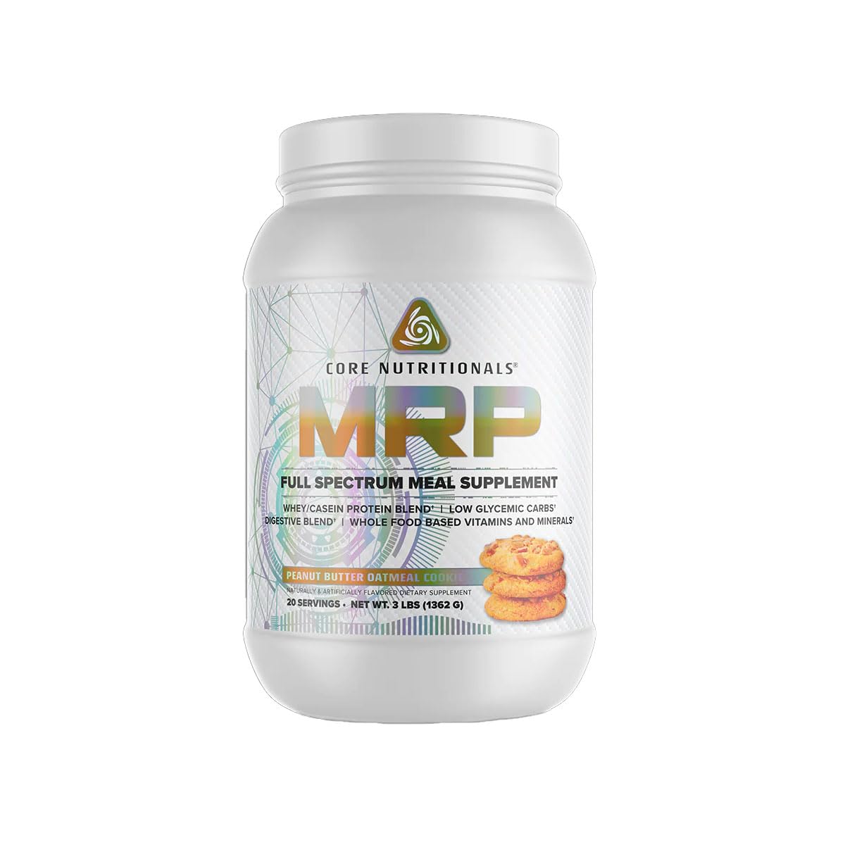 Core Nutritionals MRP bottle with label highlighting complete protein for meals.
