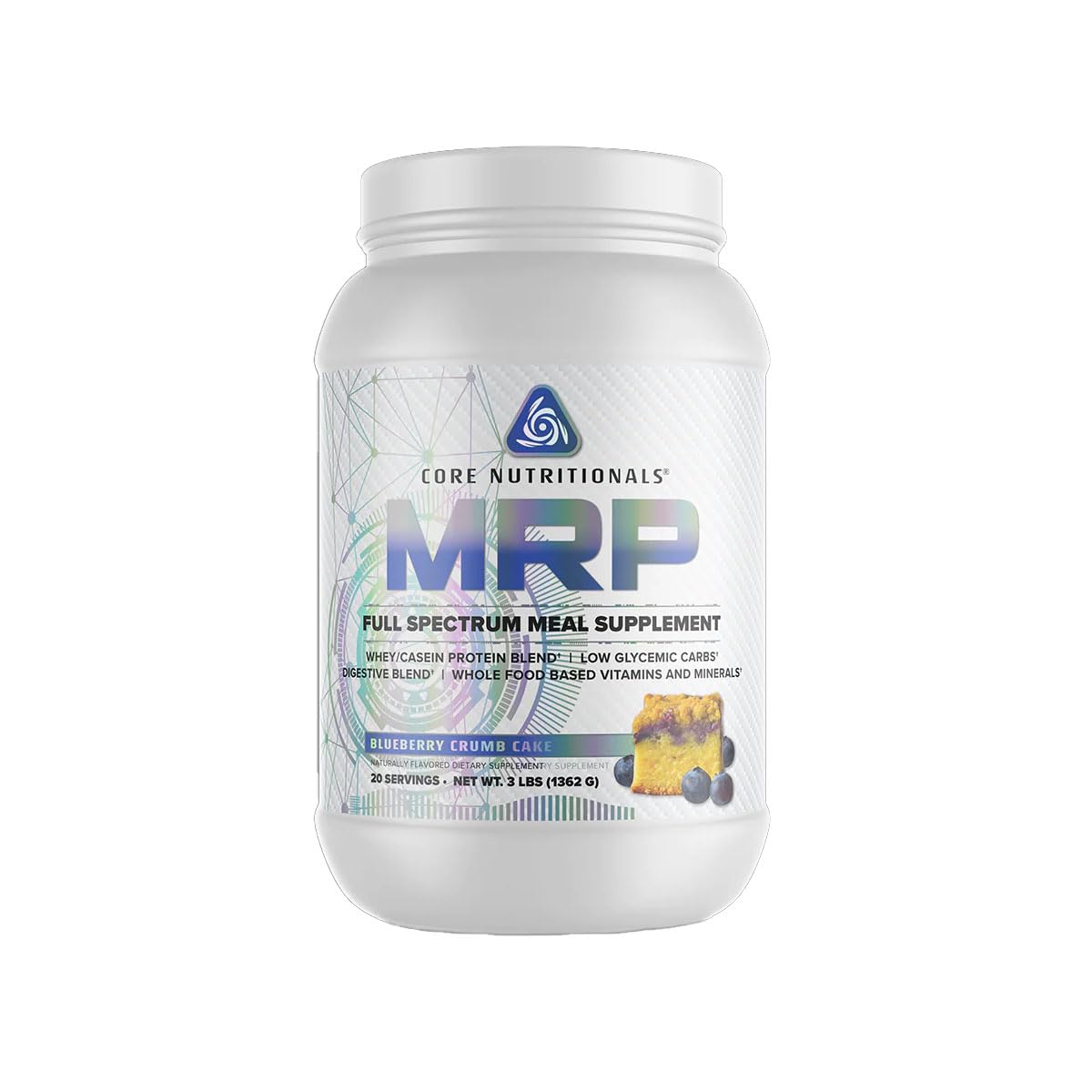 Core Nutritionals MRP blueberry crumb cake container showing full-spectrum formula for balanced meals.