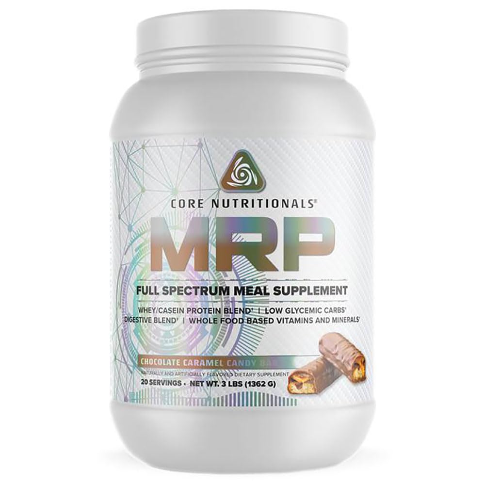 Core Nutritionals MRP scoop with Chocolate Caramel Candy Bar flavor for a quick meal substitute.