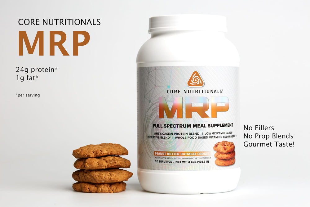 Core Nutritionals MRP scoop and jar showing convenient serving for on-the-go nutrition.
