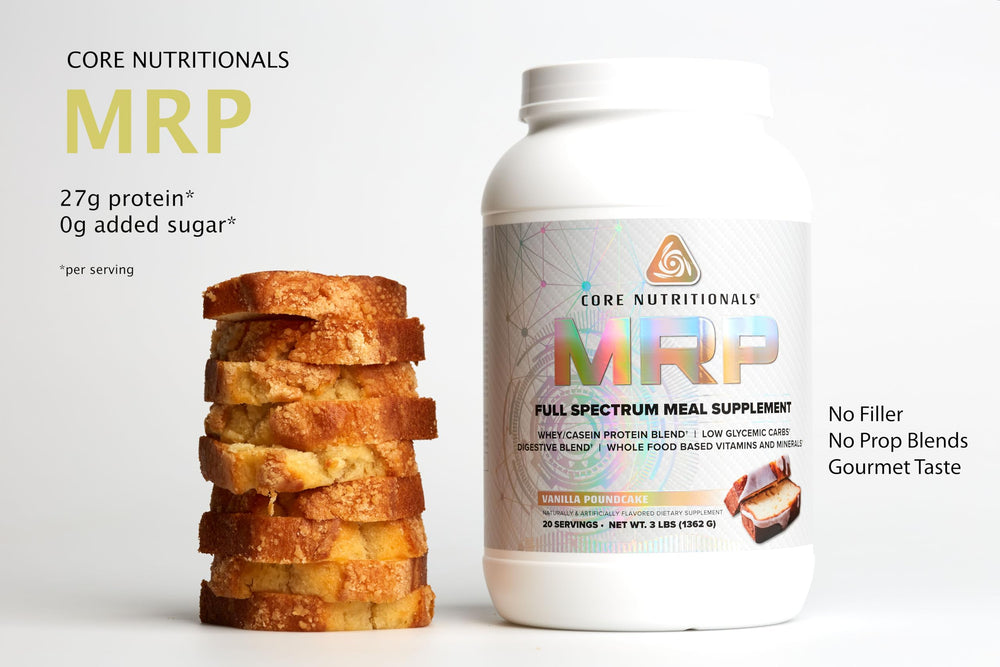 Core Nutritionals MRP vanilla poundcake ingredients panel with complete amino blend.