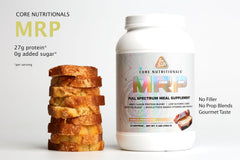 Core Nutritionals MRP vanilla poundcake ingredients panel with complete amino blend.