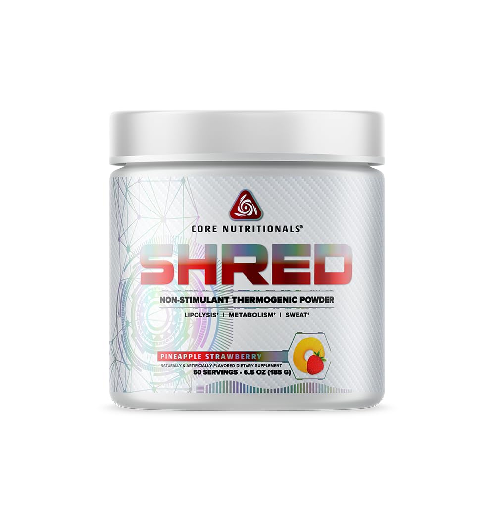 Core Nutritionals Platinum Shred bottle pour shows non-stimulant support.