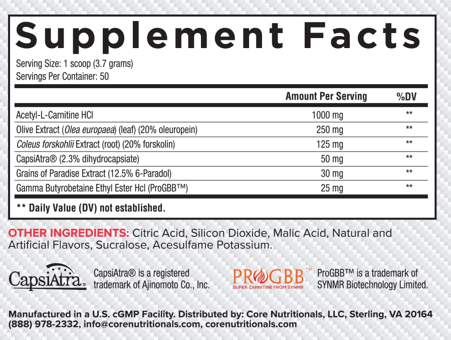 Core Nutritionals Platinum Shred ingredient list highlights ALCAR and GBB.