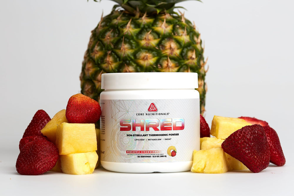 Core Nutritionals Platinum Shred scoop dispensing for precise daily dosing.