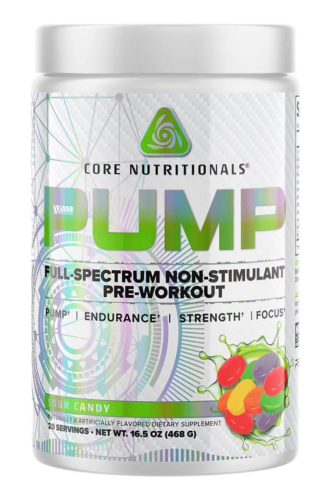 Core Nutritionals Pump label closeup highlights a non-stimulant formula for focused workouts.