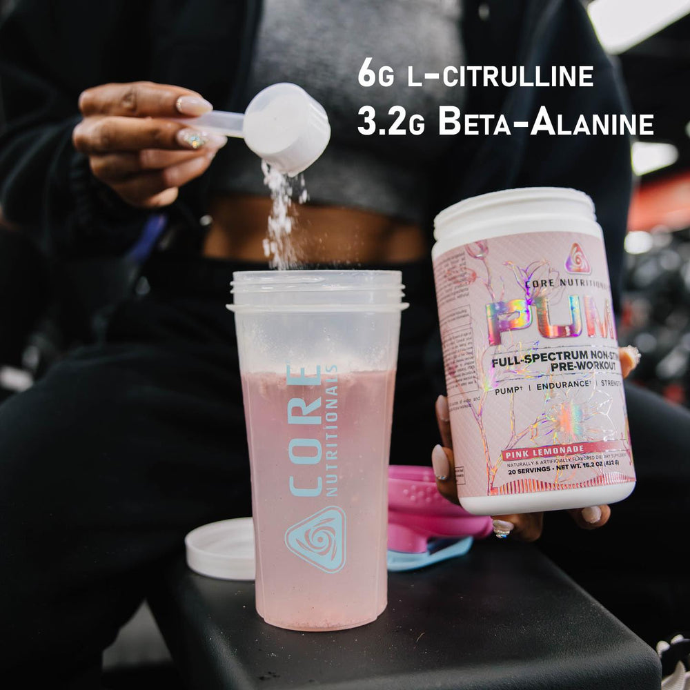 Core Nutritionals Pump pour into glass illustrates easy mixing and smooth texture.