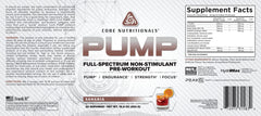 Core Nutritionals Pump tub label highlights a non-stimulant formula designed for endurance and clean pumps