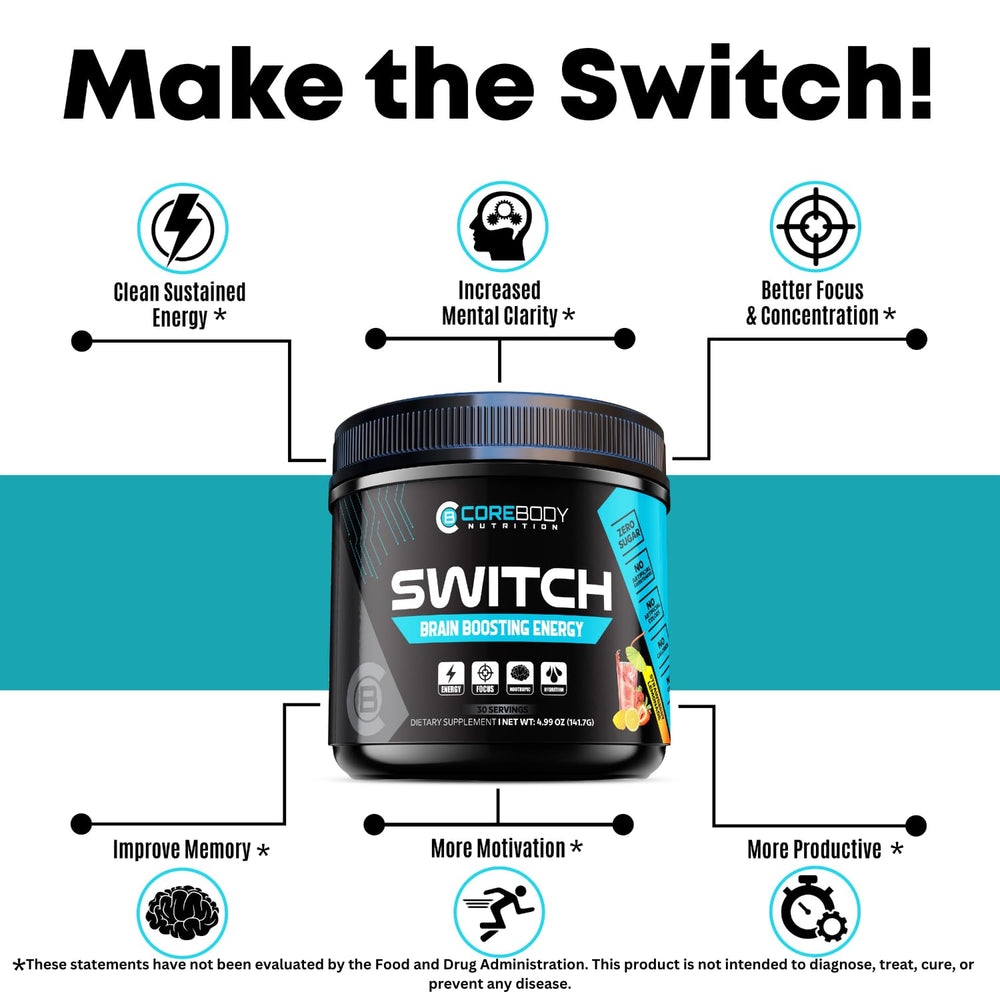 CoreBody Switch jar packaging on a shelf