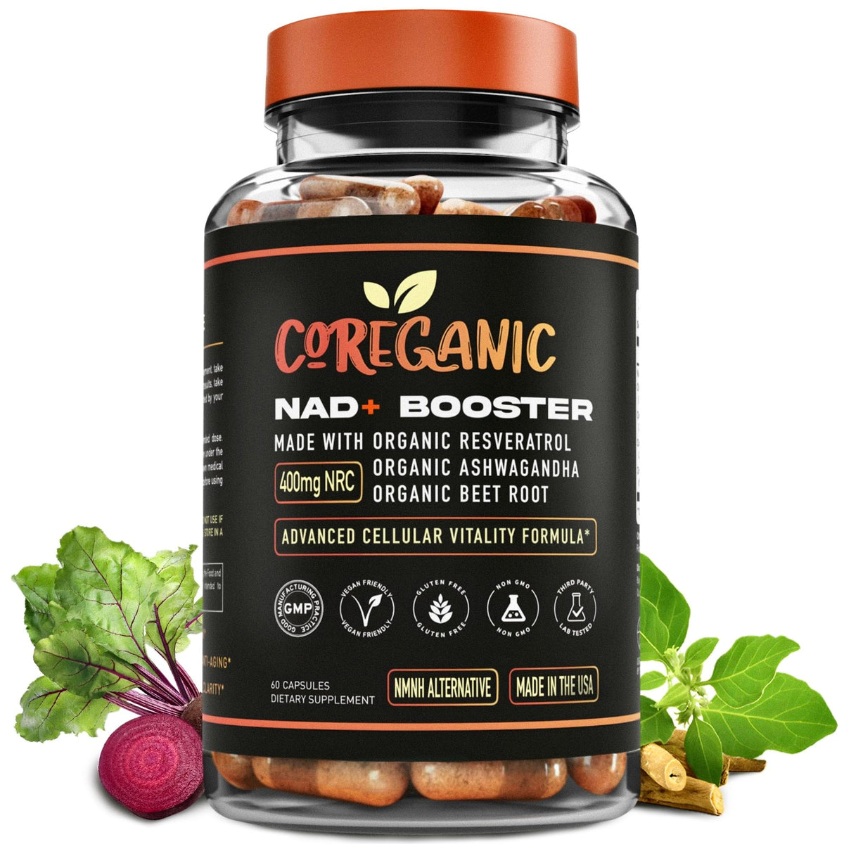 Coreganic NAD+ bottle front shows clean label and energy support.