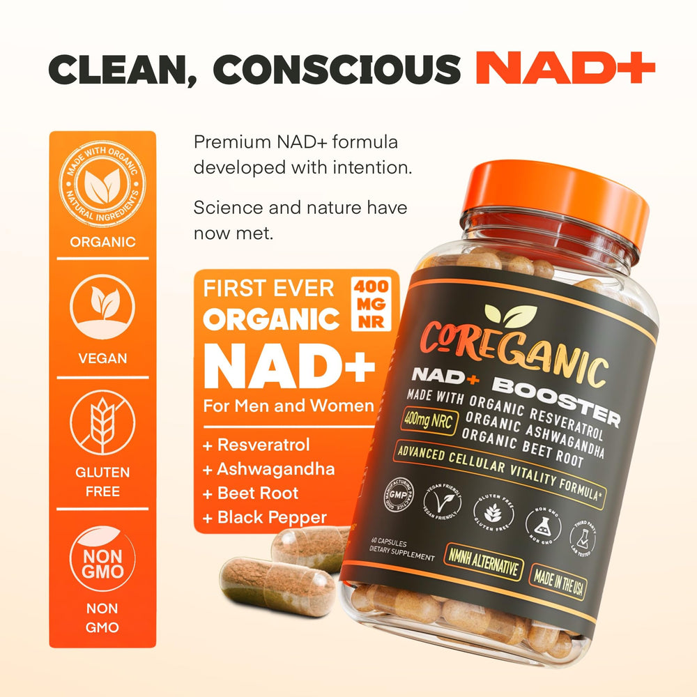 Coreganic NAD+ bottle side label highlights vegan, GMP-made formula for daily vitality.