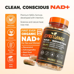 Coreganic NAD+ bottle side label highlights vegan, GMP-made formula for daily vitality.