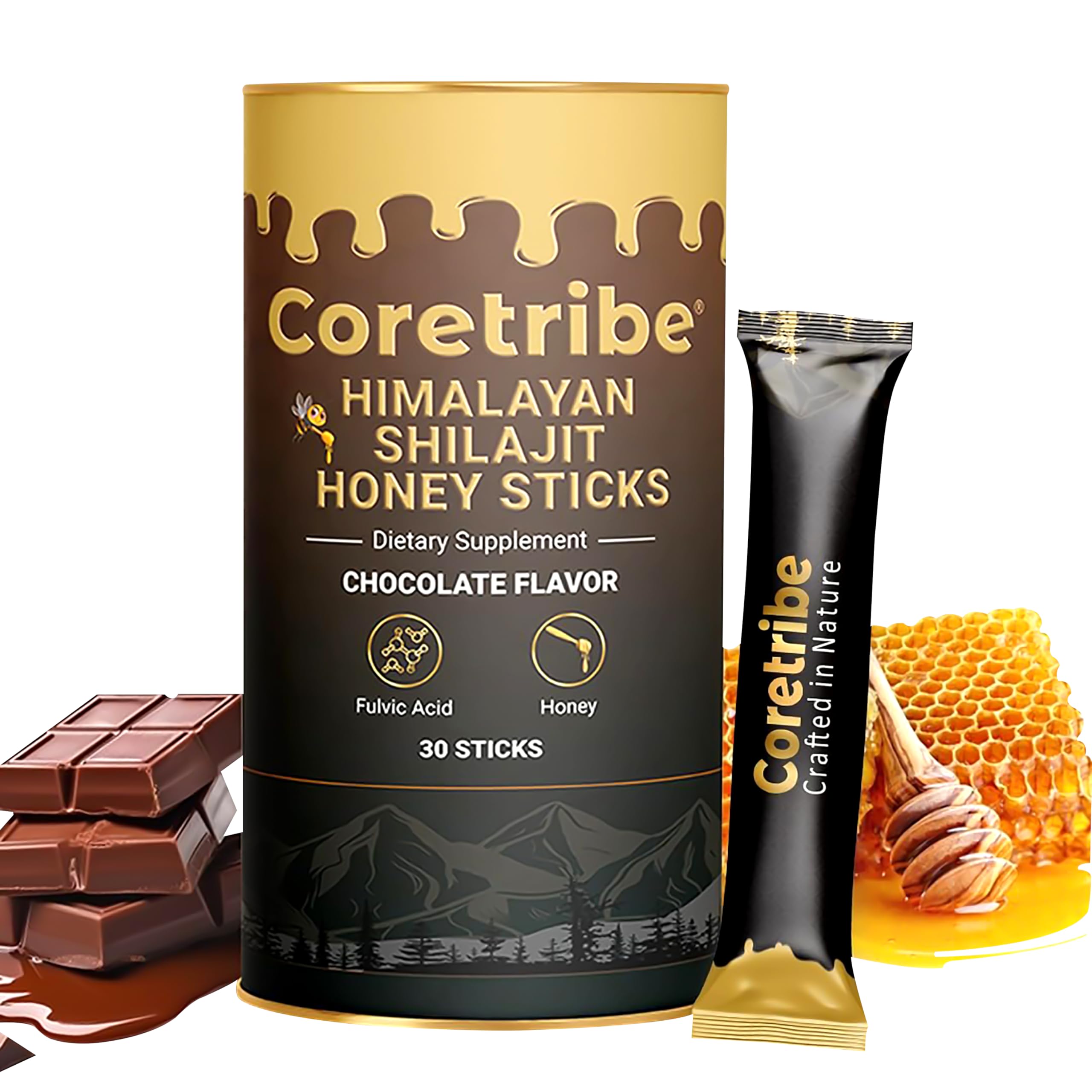 Coretribe Himalayan Shilajit Honey Stick pouring with dark chocolate for energy
