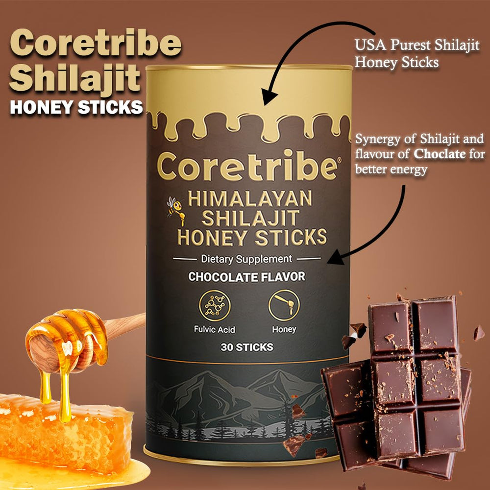 Coretribe Shilajit honey stick on spoon showing rich honey and chocolate flavor for energy