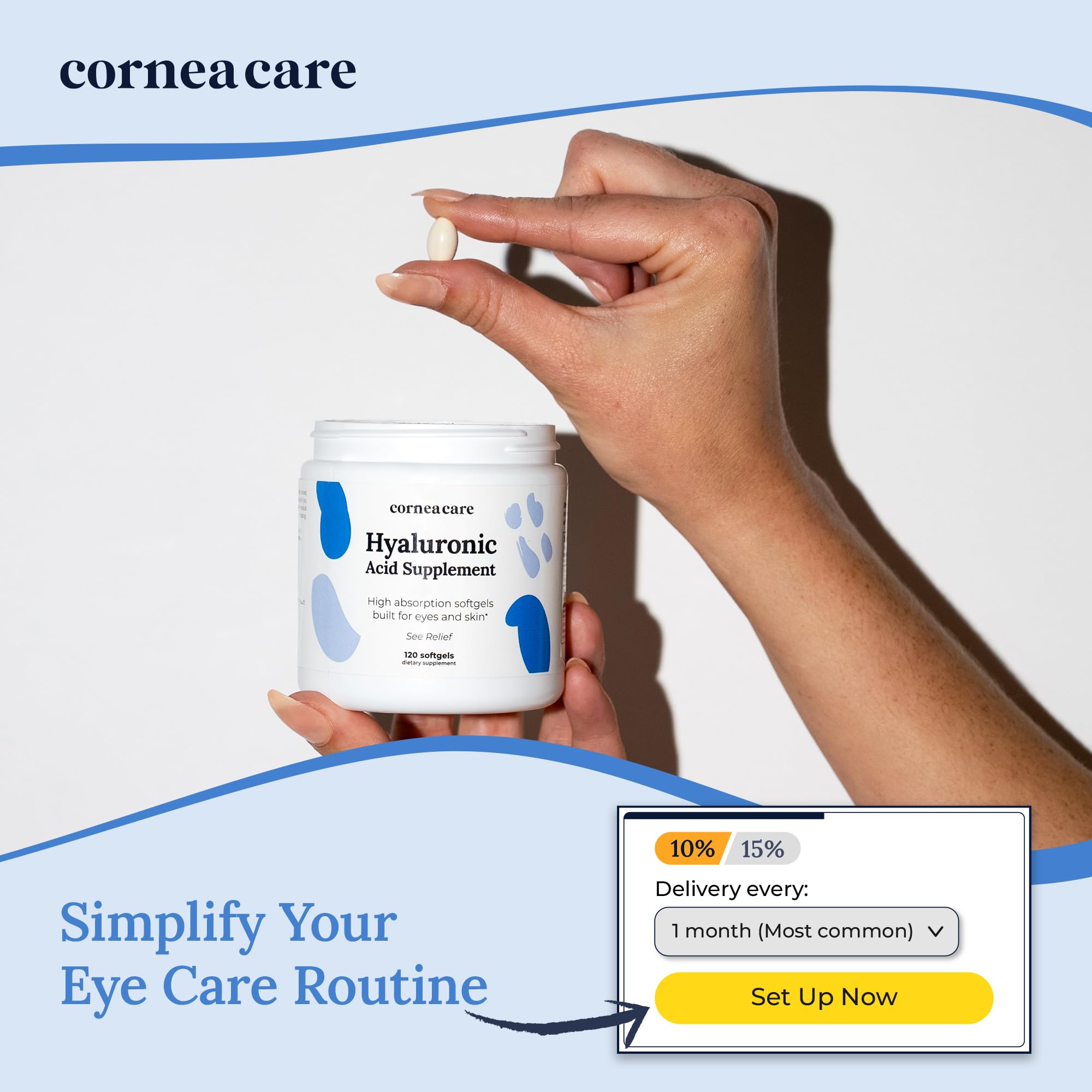 CorneaCare hyaluronic acid bottle label shows premium formula for joint and eye support.