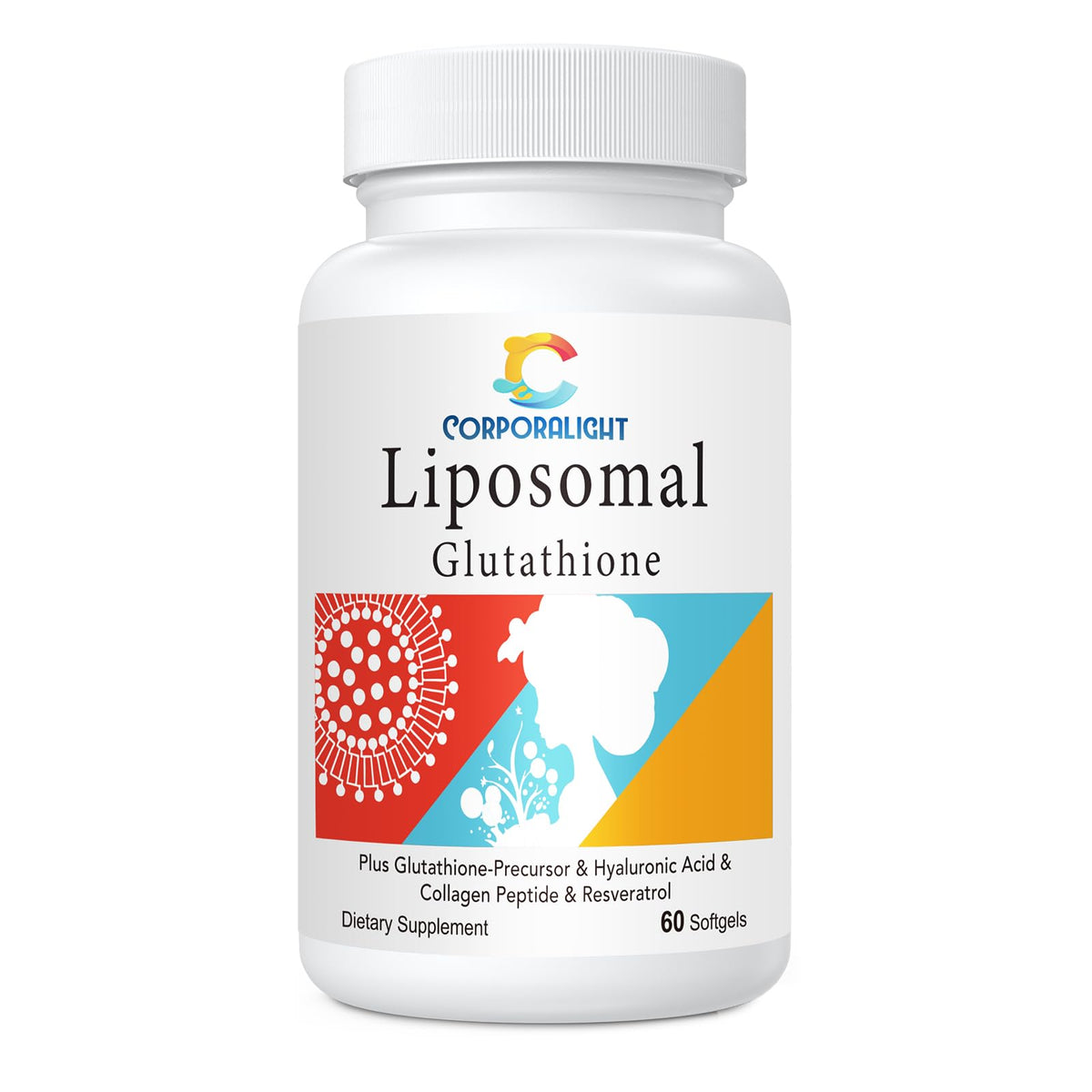CORPORALIGHT liposomal glutathione softgels bottle showing high potency antioxidant support.