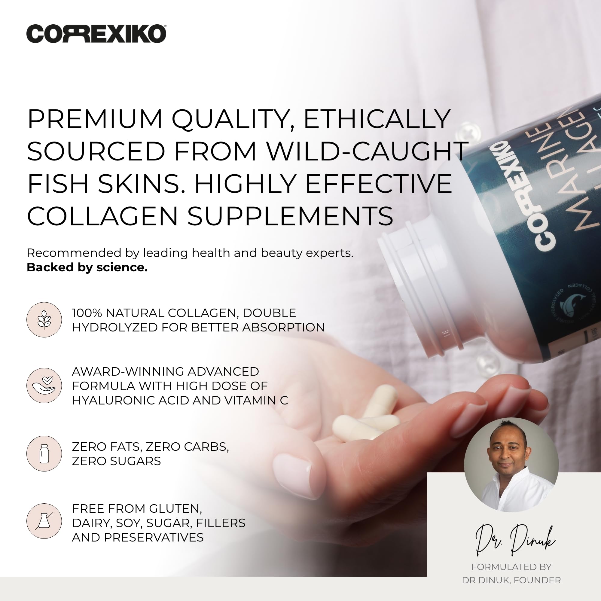 CORREXIKO ingredient panel shows hyaluronic acid and vitamin C for skin support
