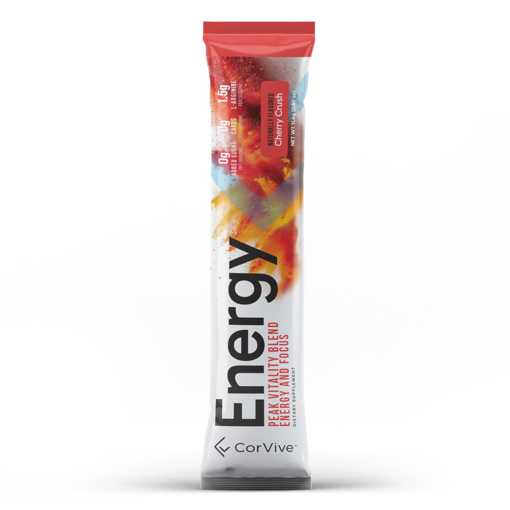 Assorted CorVive sachets illustrating flavor variety for personalized energy