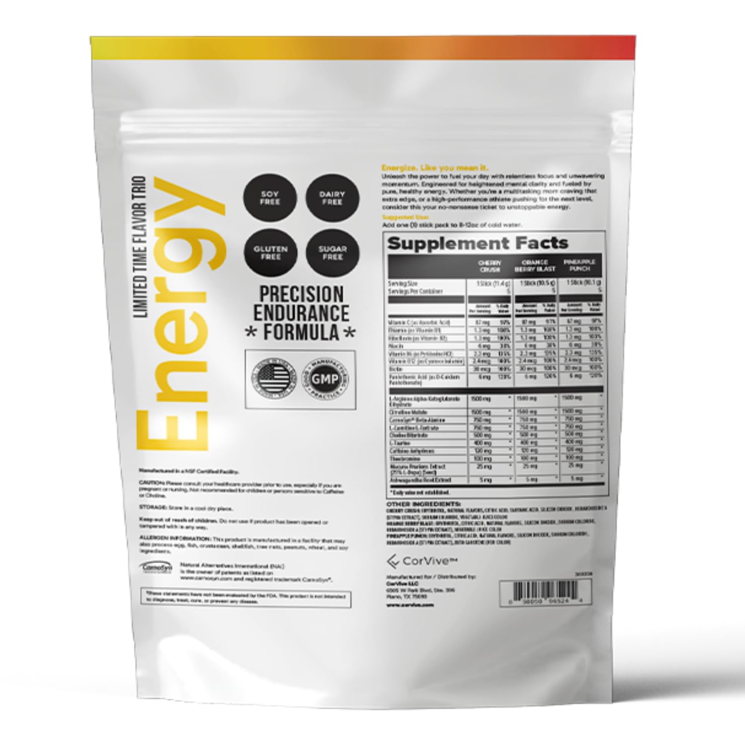 Close-up of CorVive sachet label highlighting zero sugar and caffeine