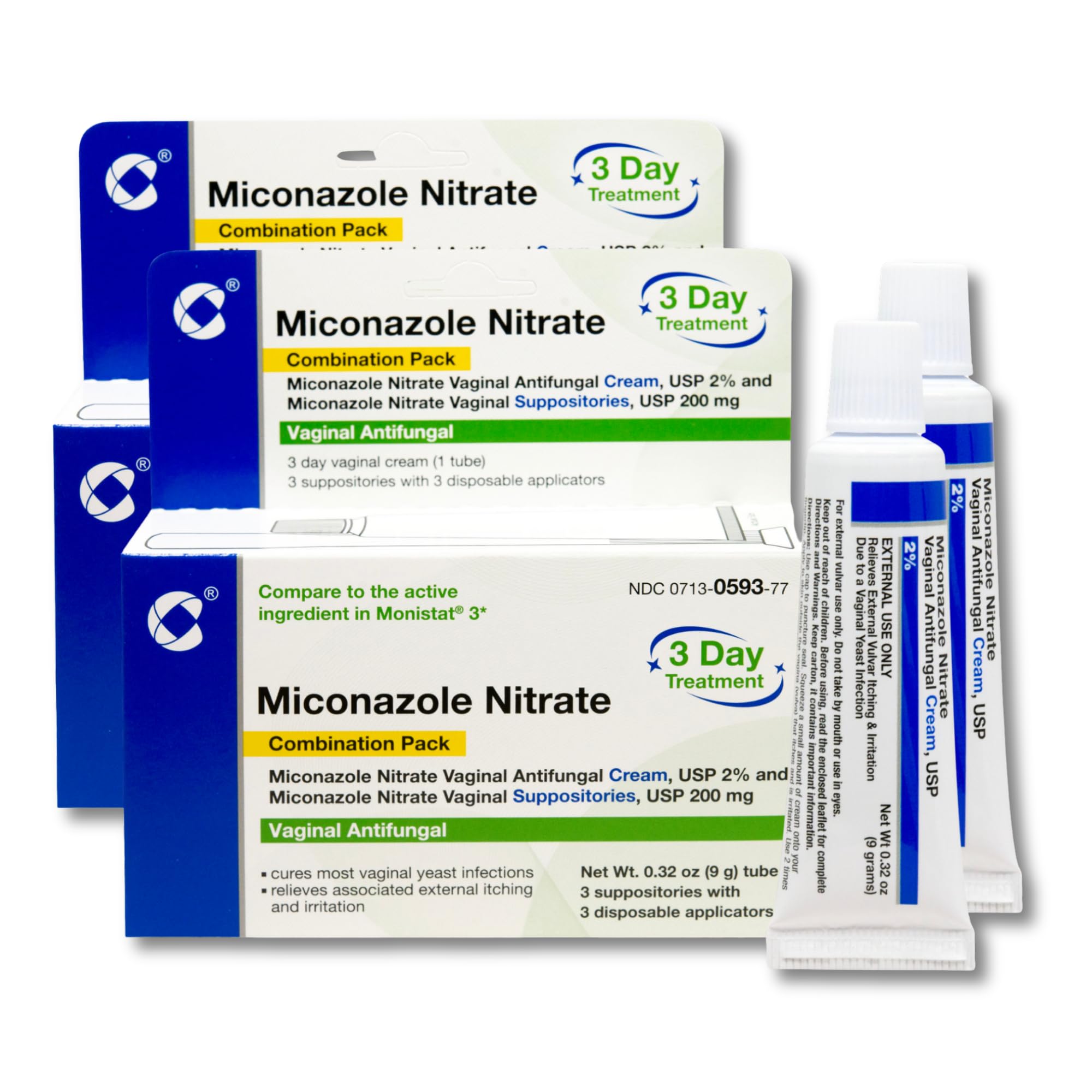 Cosette Miconazole suppositories 3-pack for at-home treatment convenience.