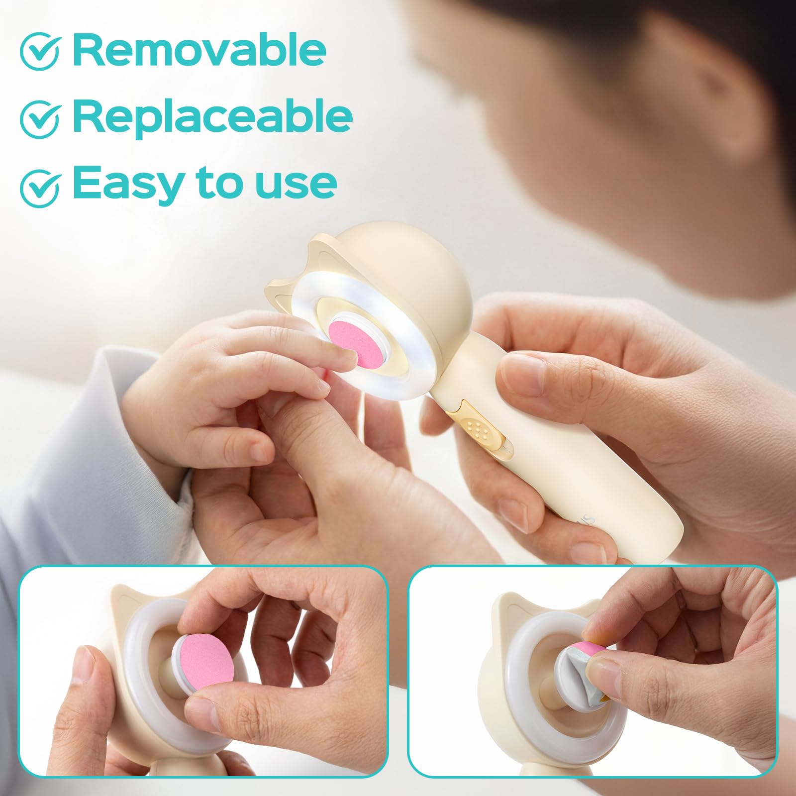 COSLUS C50 baby nail trimmer in use with gentle buffers