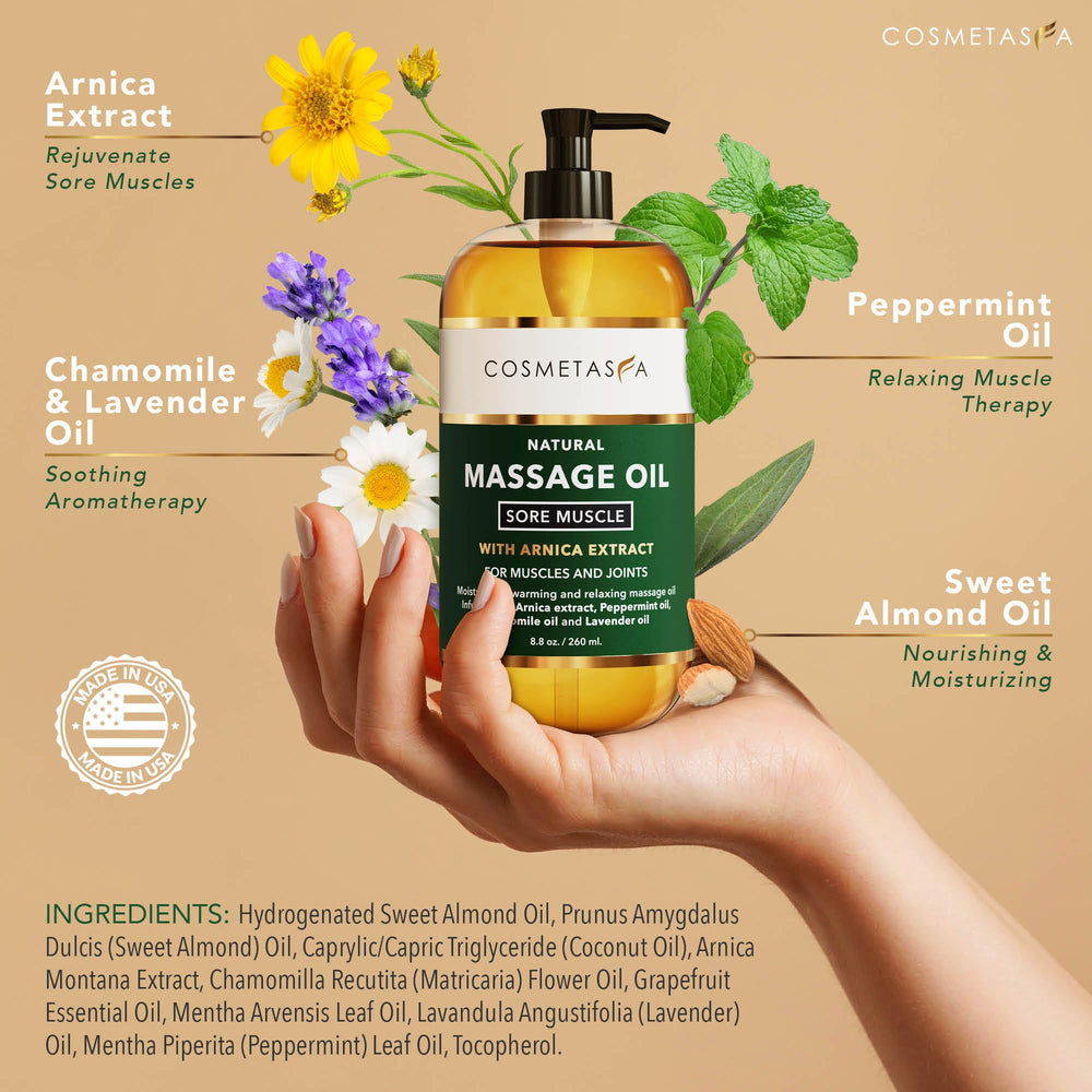 Cosmetasa arnica oil bottle highlights natural comfort during a soothing massage.