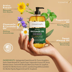 Cosmetasa arnica massage oil bottle to ease muscle tension after workouts.