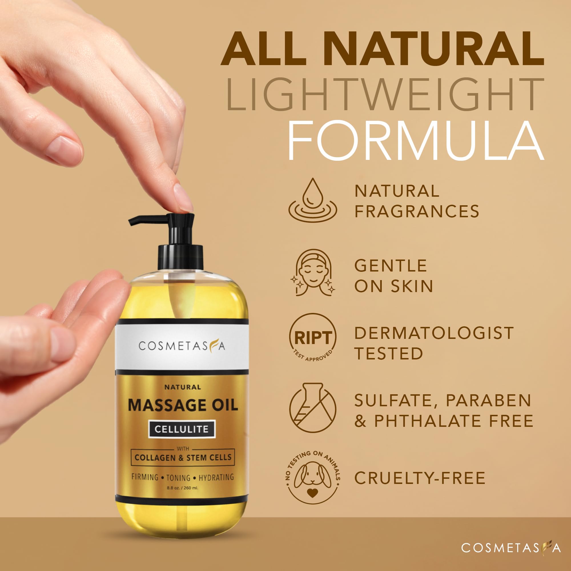 Cosmetasa bottle label close-up highlighting natural ingredients and cruelty-free stance.
