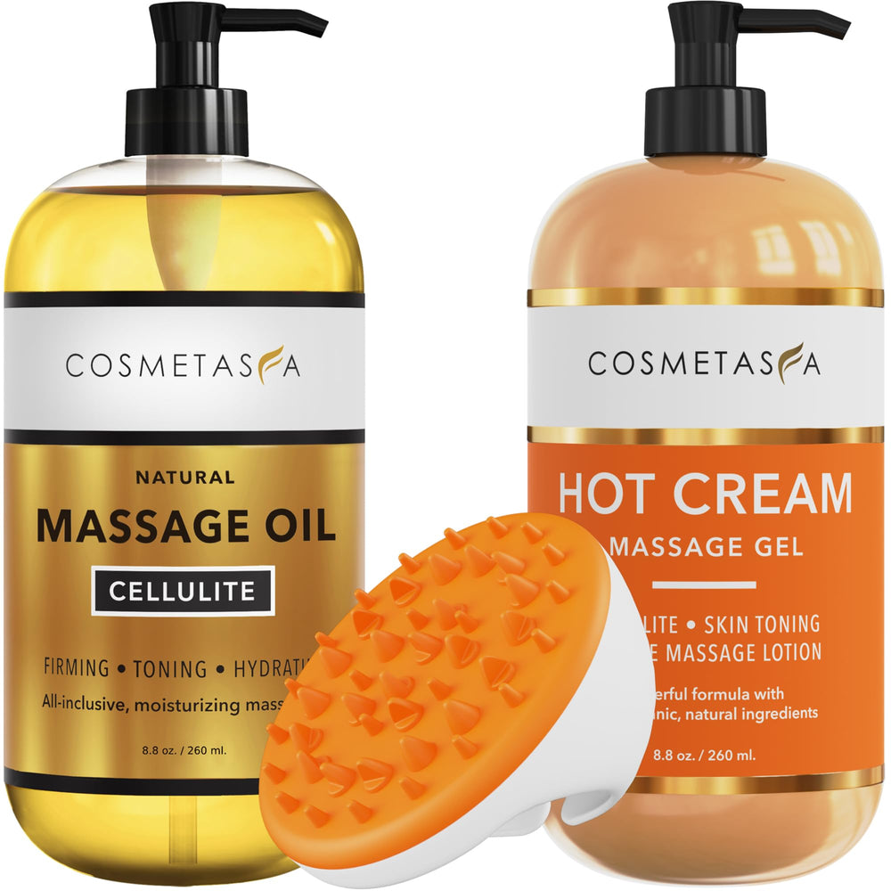 Cosmetasa cellulite massage oil bottle for targeted smoother skin on hips and thighs.