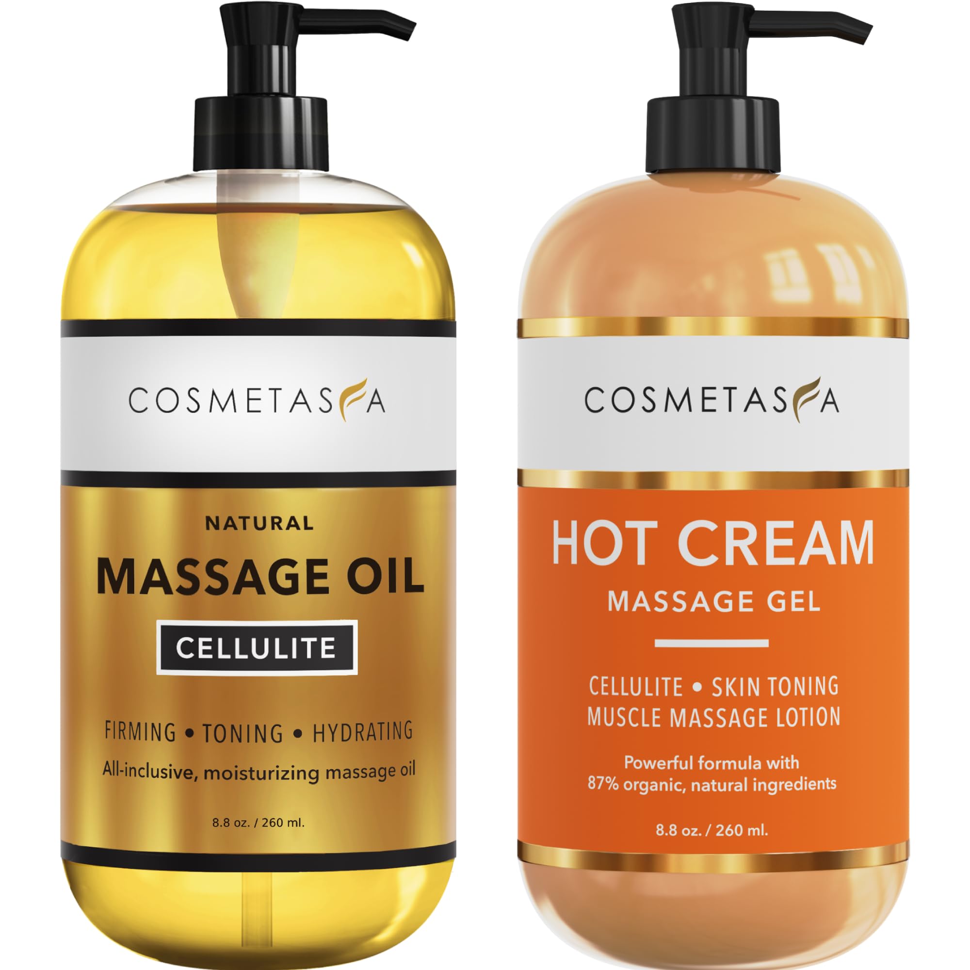 Cosmetasa cellulite oil bottle pour for smooth, targeted application.