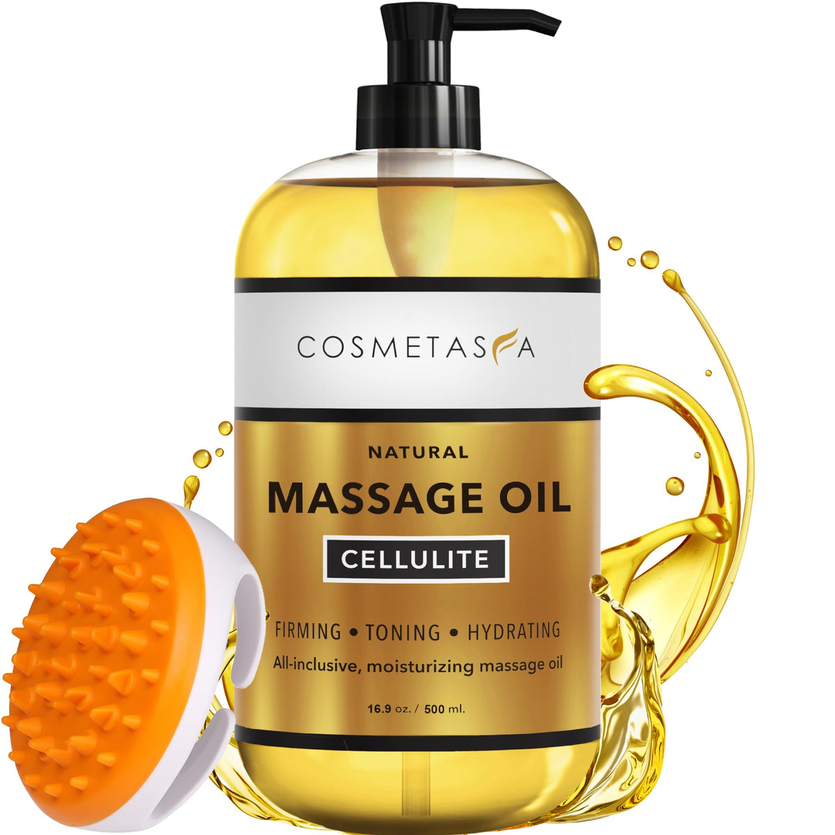 Cosmetasa cellulite oil with massager mitt bottle for easy application and deep moisturization.