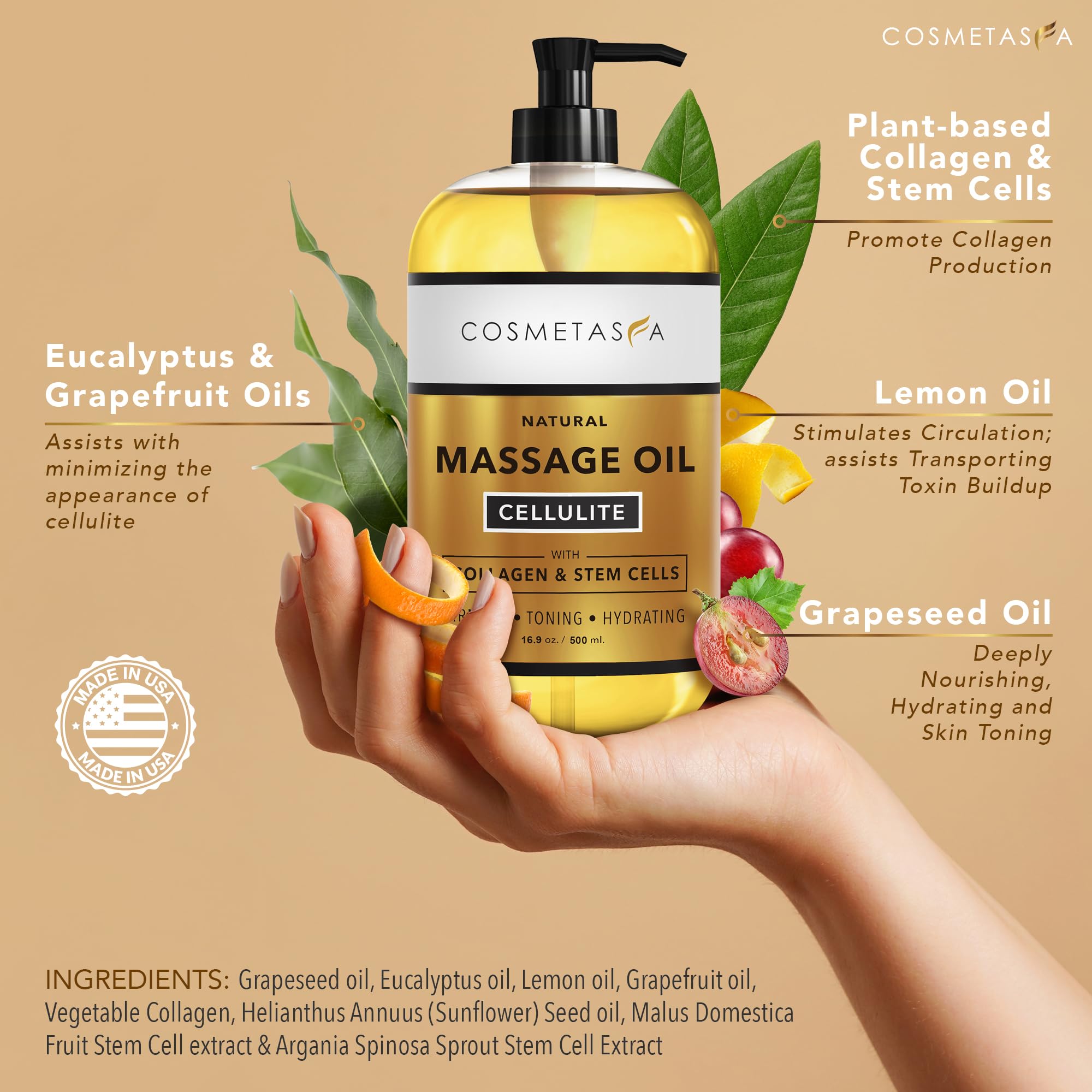 Cosmetasa cellulite oil pour action ideal for easy massage sessions.