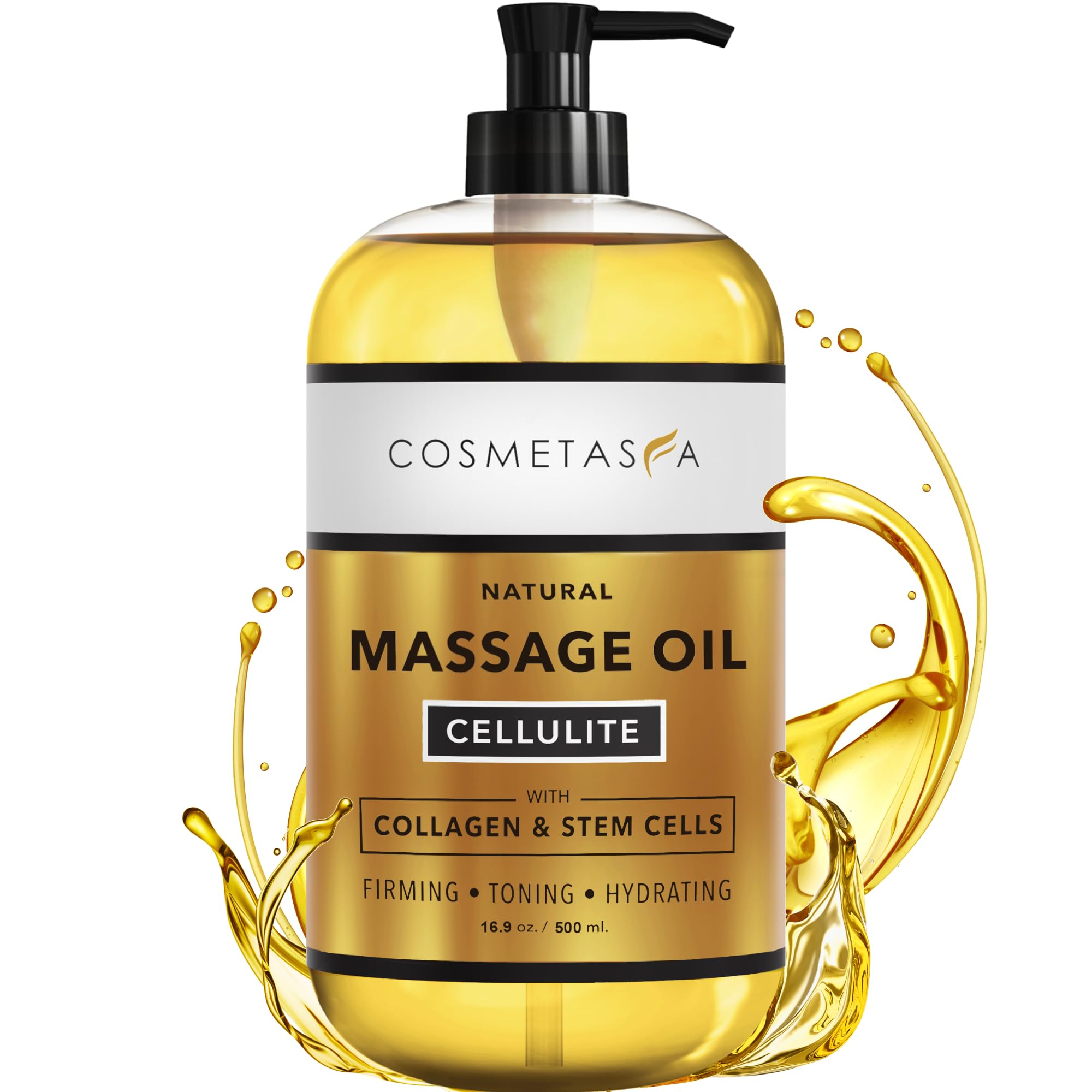 Cosmetasa large cellulite oil bottle for at-home firming and moisturization.