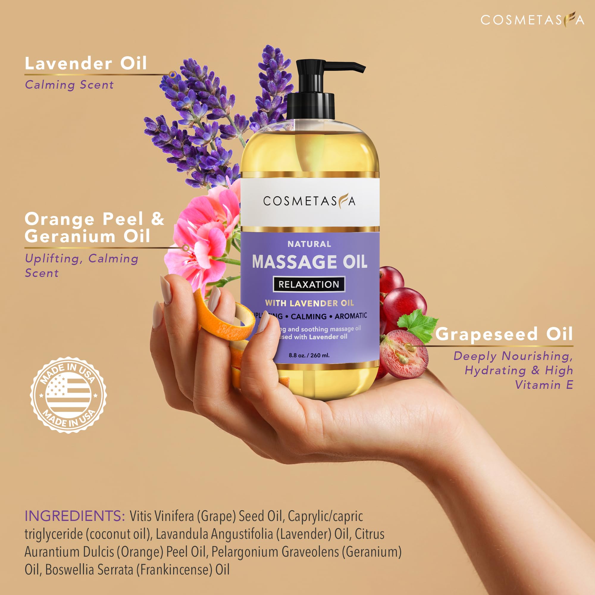 Cosmetasa lavender massage oil bottle close-up highlighting natural ingredients for skin softness