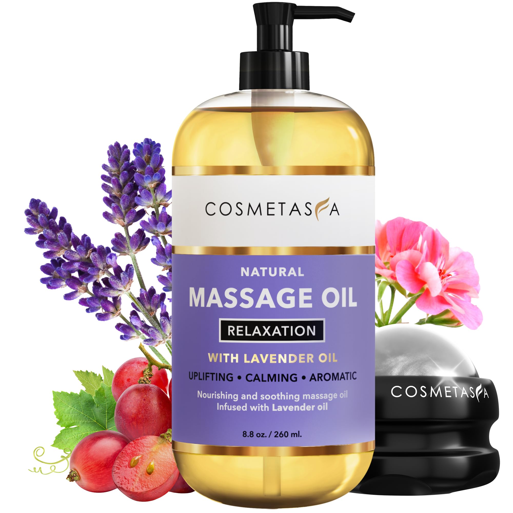 Cosmetasa lavender massage oil with roller for easy, spa-like self-massage at home