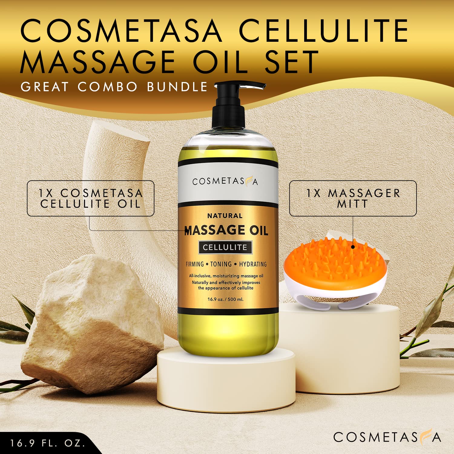 Cosmetasa massage oil application tool highlighting mitt for even distribution.