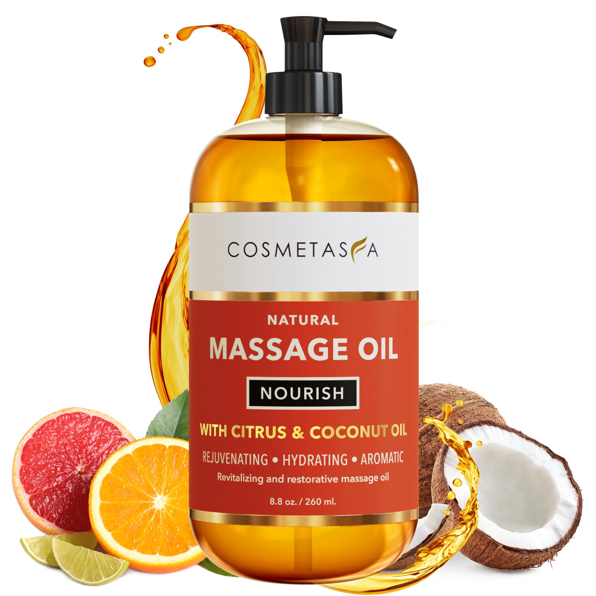 Cosmetasa natural nourishing citrus coconut massage oil bottle with a rich, hydrating glide for muscle relief.