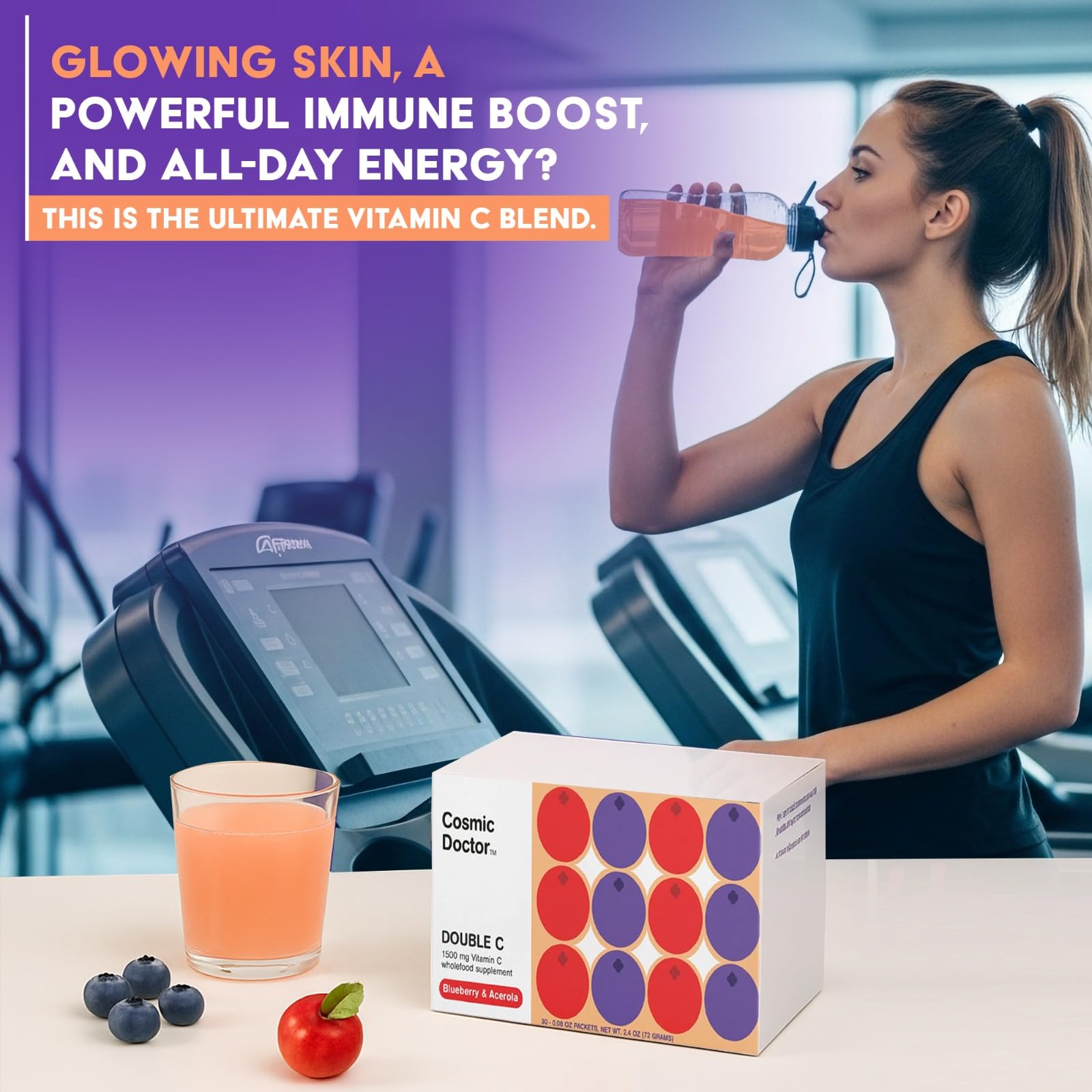 Cosmic Doctor Double C blueberry-acerola sachets easy to mix in drinks.