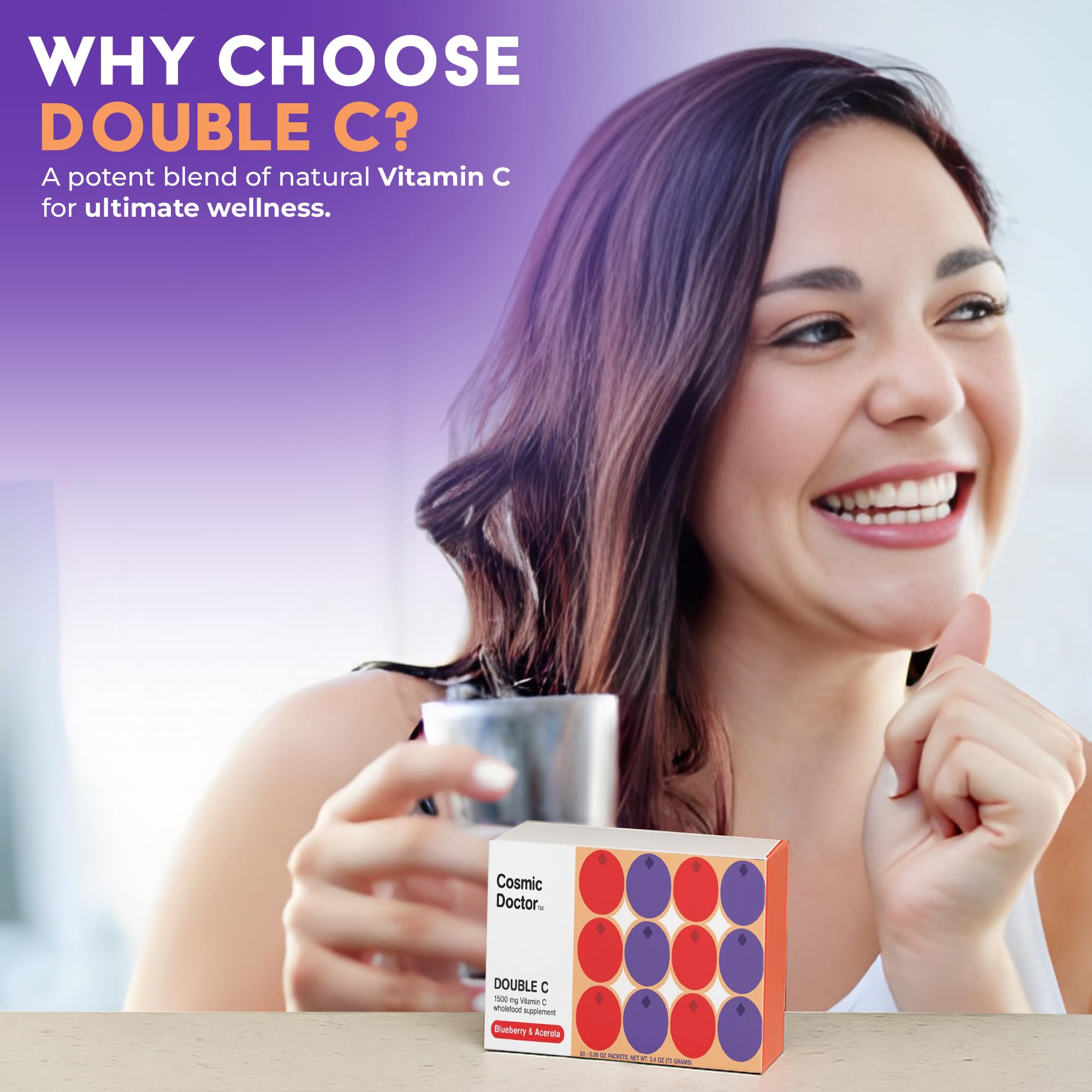 Cosmic Doctor Double C ingredient blend shows blueberries and acerola for natural vitamin C.