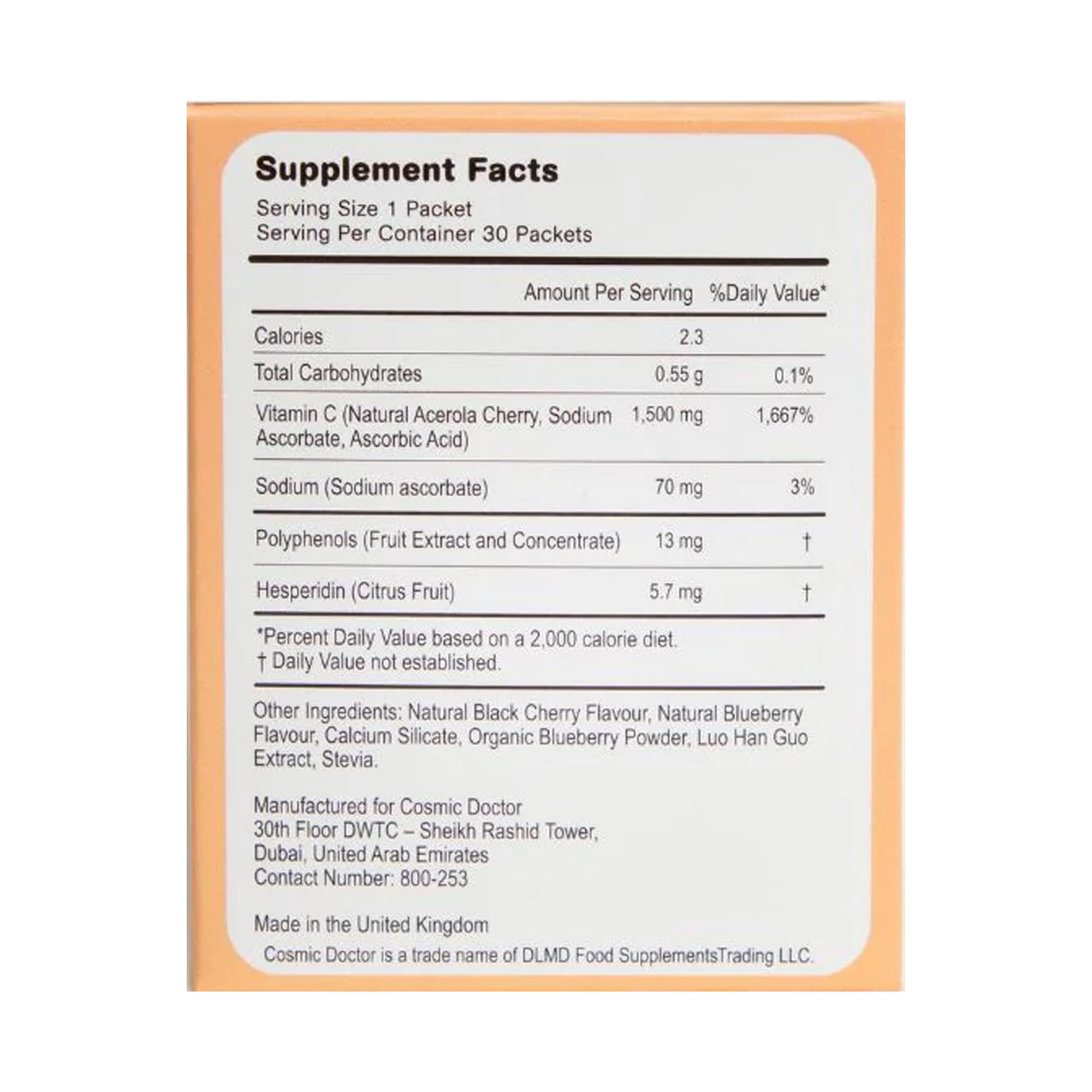 Cosmic Doctor Double C packet back with nutrition panel and 1500 mg per sachet.