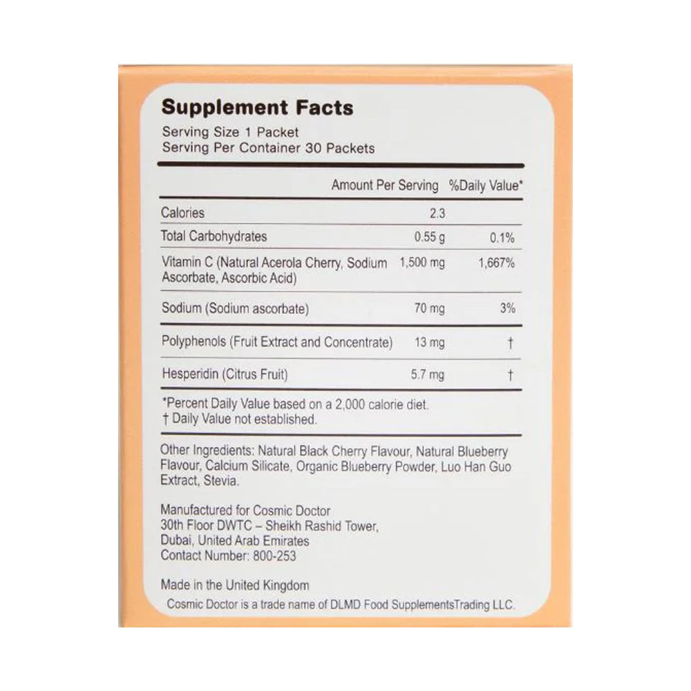 Cosmic Doctor Double C packet back with nutrition panel and 1500 mg per sachet.