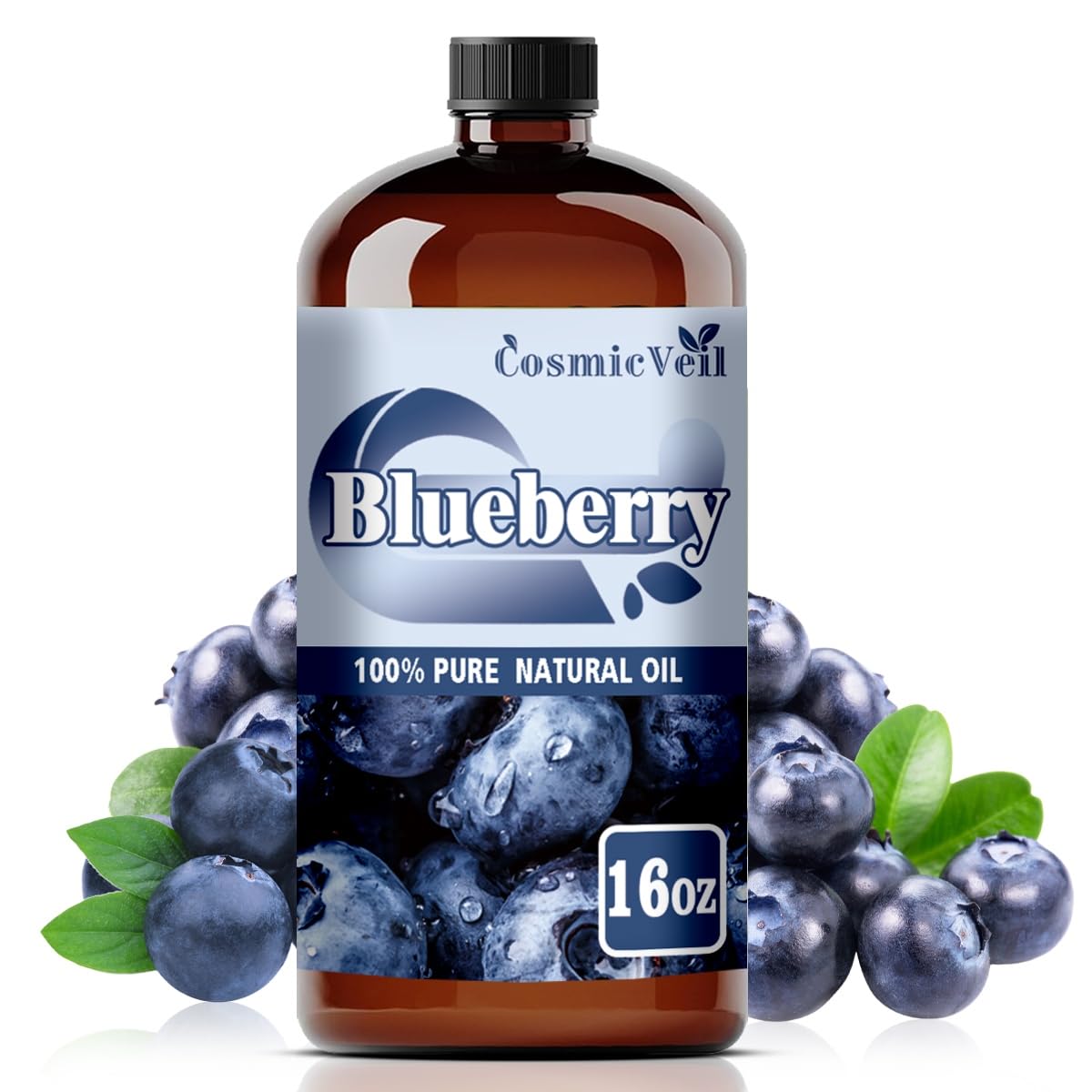 CosmicVeil blueberry essential oil bottle in amber glass for purity and aroma