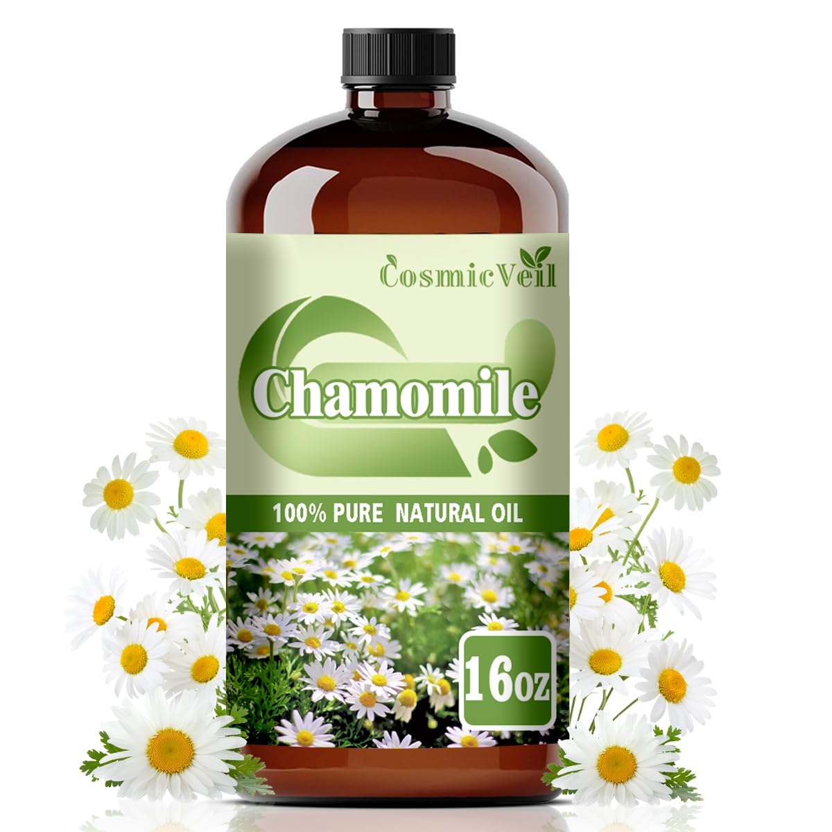 CosmicVeil Chamomile oil in amber glass bottle ready for diffusion and serene spaces