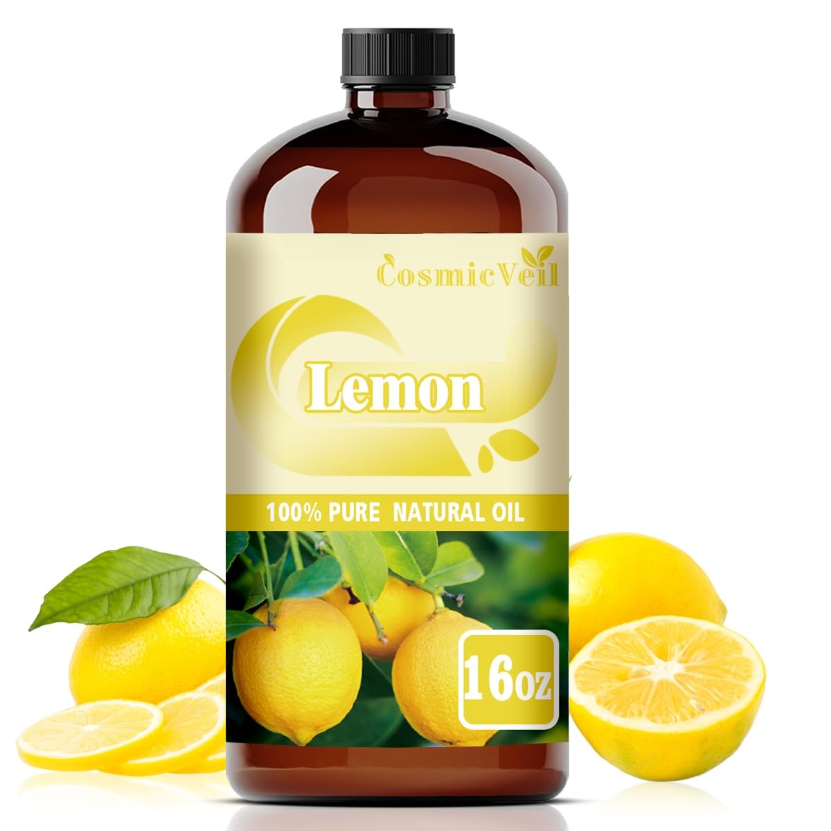 CosmicVeil Lemon Essential Oil bottle showing 16 oz capacity for DIY projects.