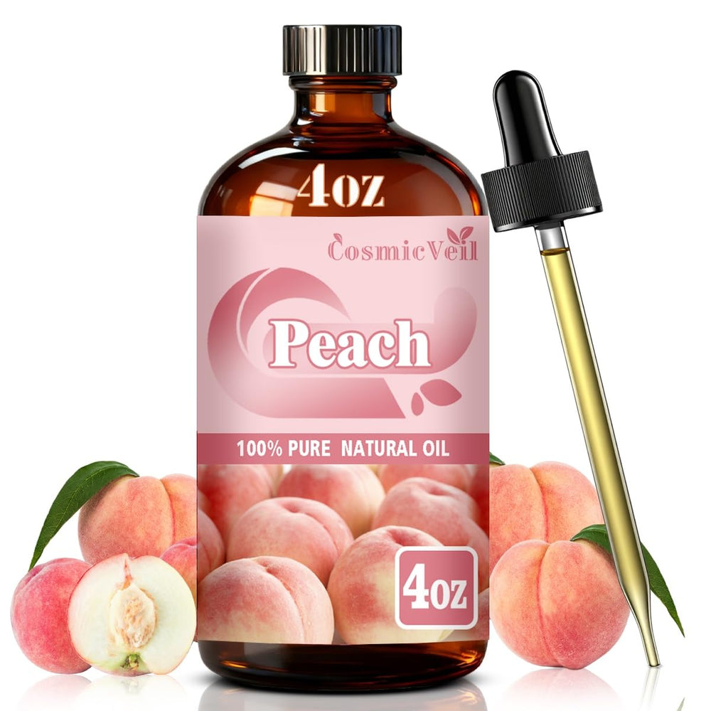 CosmicVeil Peach Essential Oil in amber bottle pour for precise, mess-free aroma diffusion.